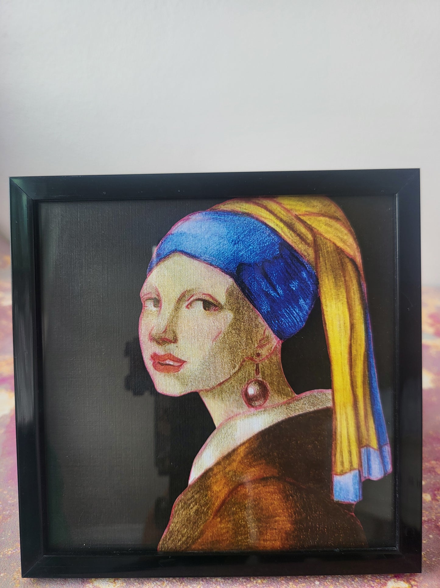 5x5 in. Colored Pencil Art Print from Stylized Master Study by Nightowl Doodles of Famous Johannes Vermeer Painting “The Girl with the Pearl Earring,” Fine Art Print, Mixed Media Print
