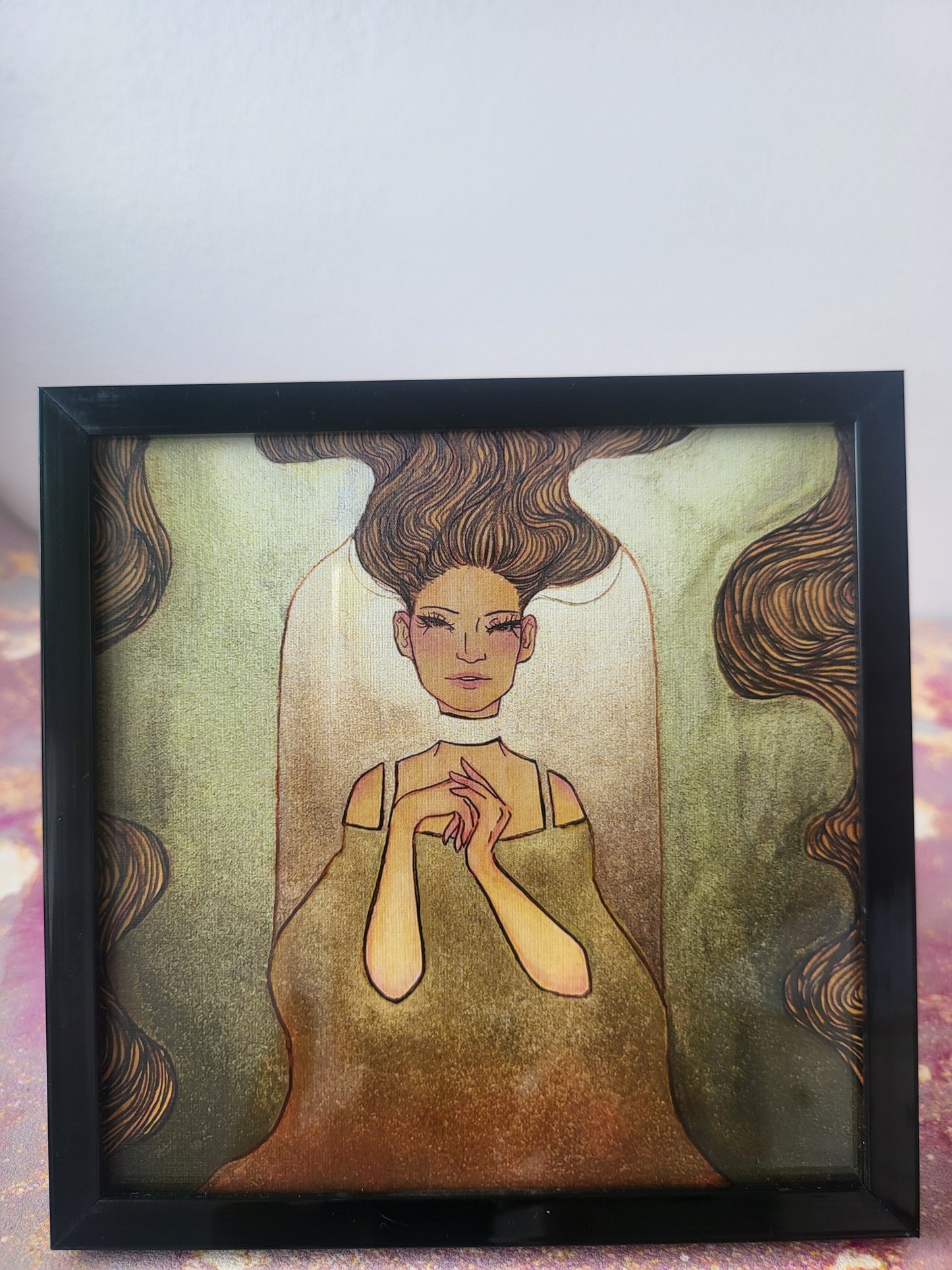 5x5 in. Watercolor Art Print from Stylized Master Study by Nightowl Doodles of Famous Gustav Klimt Painting “Lady in Gold,” Fine Art Print, Mixed Media Painting Print