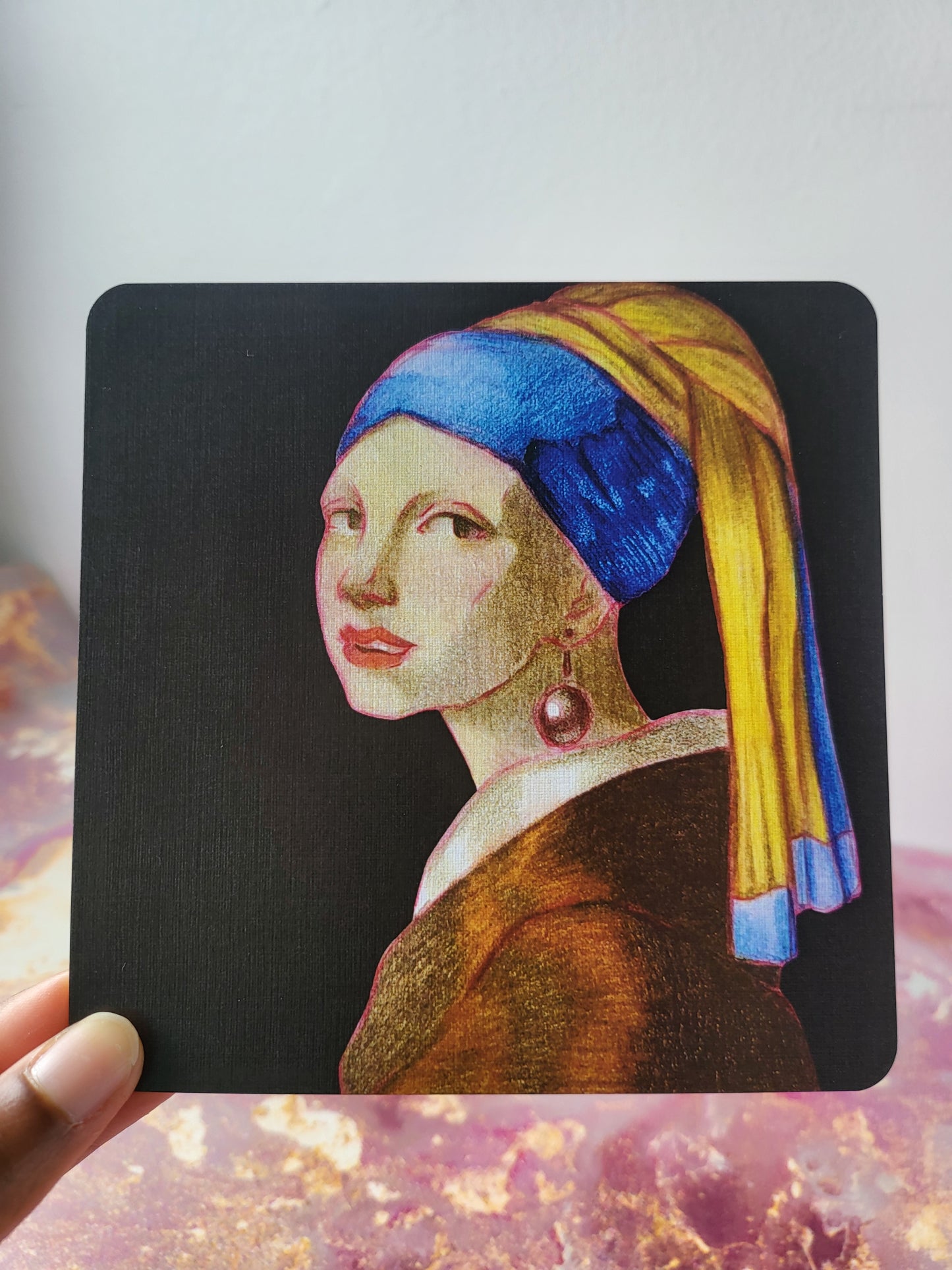 5x5 in. Colored Pencil Art Print from Stylized Master Study by Nightowl Doodles of Famous Johannes Vermeer Painting “The Girl with the Pearl Earring,” Fine Art Print, Mixed Media Print