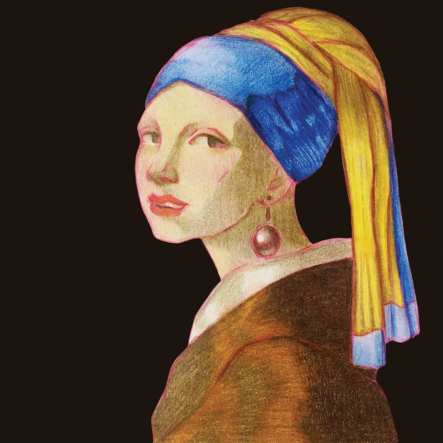 5x5 in. Colored Pencil Art Print from Stylized Master Study by Nightowl Doodles of Famous Johannes Vermeer Painting “The Girl with the Pearl Earring,” Fine Art Print, Mixed Media Print