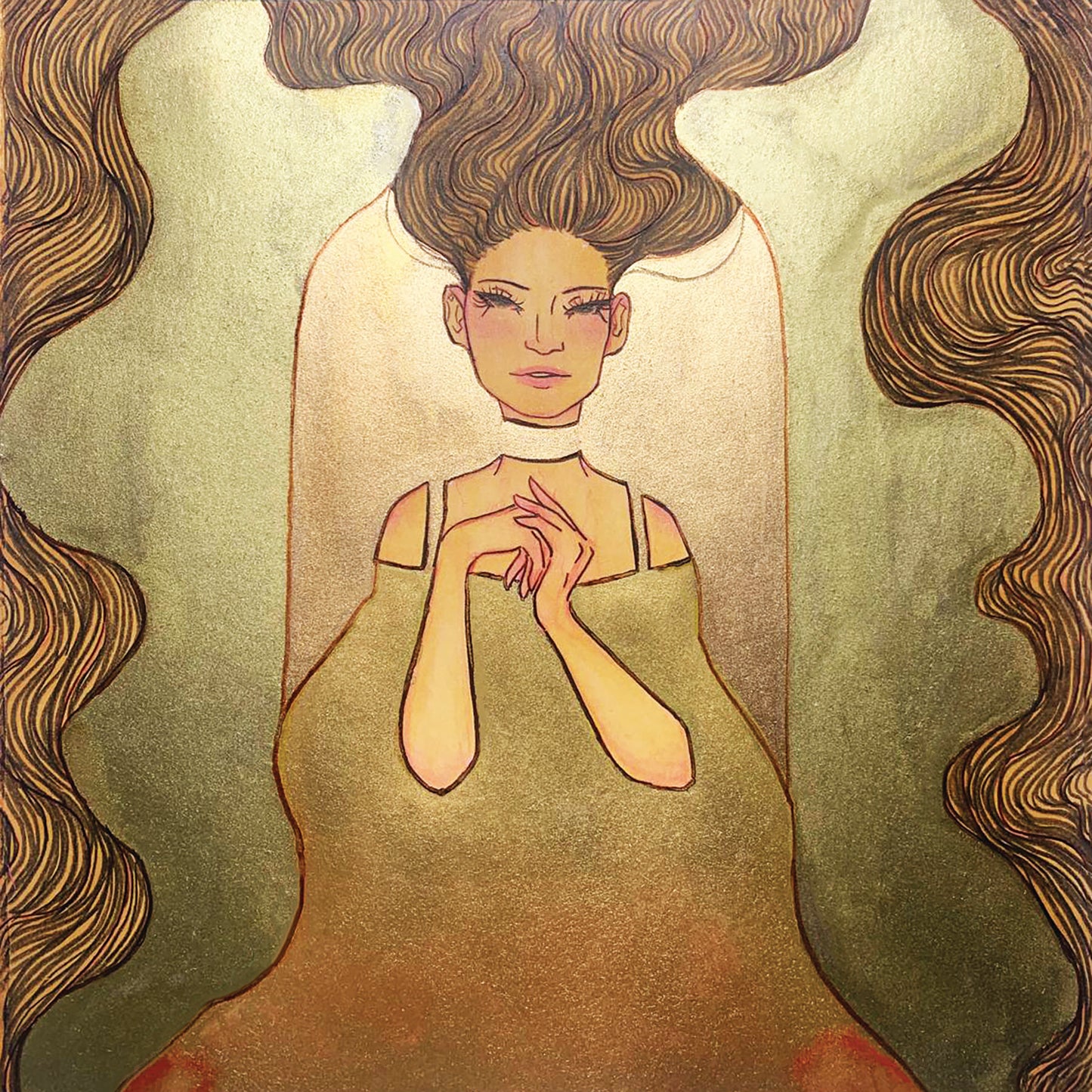 5x5 in. Watercolor Art Print from Stylized Master Study by Nightowl Doodles of Famous Gustav Klimt Painting “Lady in Gold,” Fine Art Print, Mixed Media Painting Print