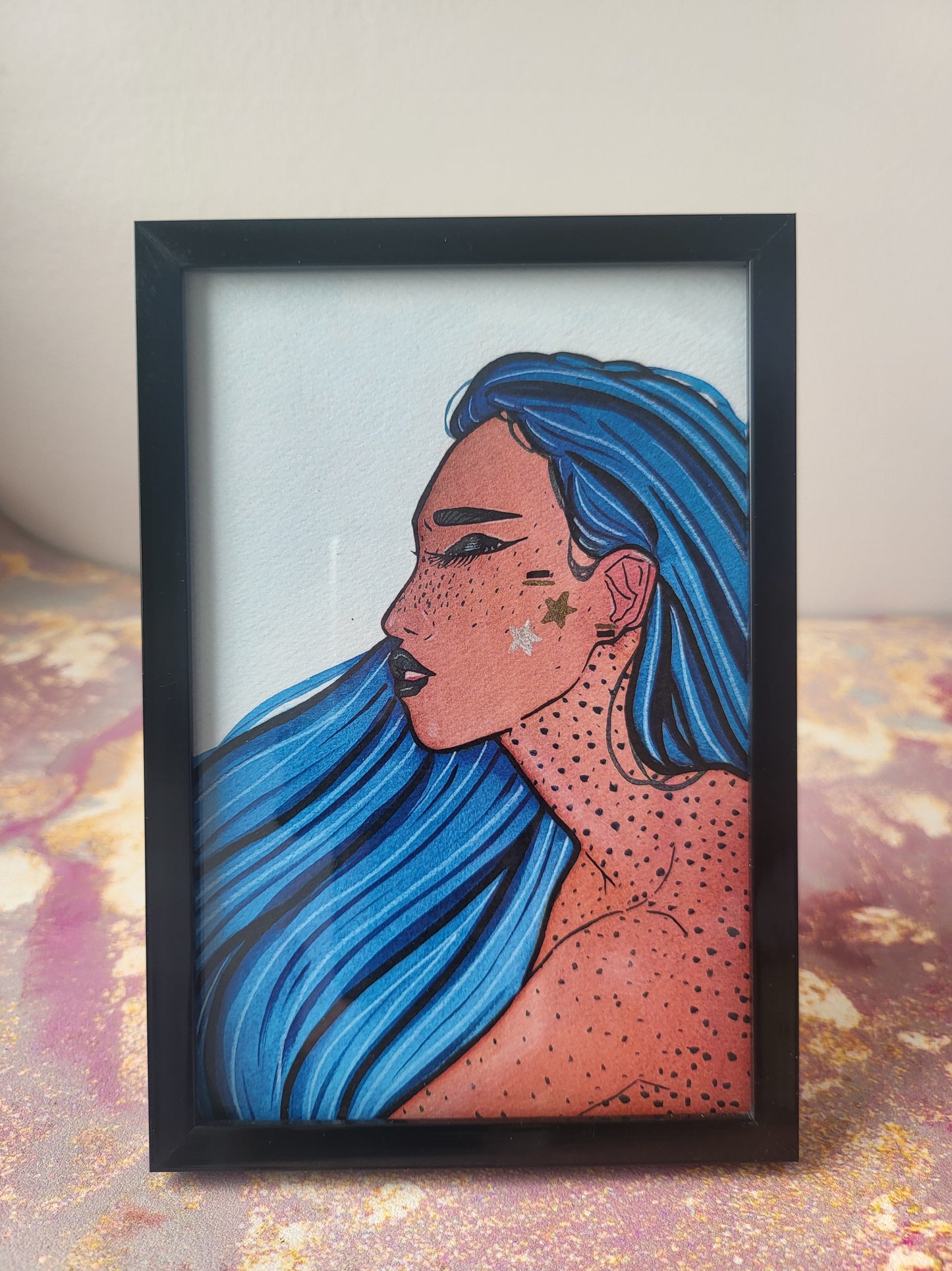 4x6 in. Watercolor Art Print from Original Painting “Blue Hair” by Nightowl Doodles, Fine Art Print, Mixed Media Painting Print
