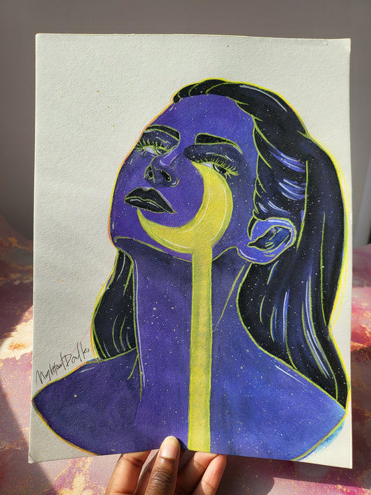 9x12 in. Original Watercolor Painting “Dripping Moon” by Nightowl Doodles, Not a Print, One-of-a-Kind Original Art