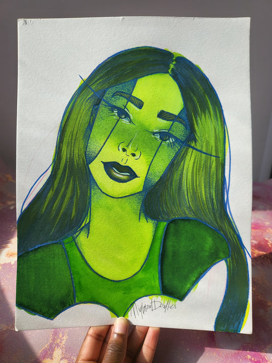 9x12 in. Original Watercolor Painting “Long Eyelashes” by Nightowl Doodles, Not a Print, One-of-a-Kind Original Art