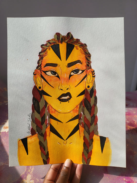 9x12 in. Original Watercolor Painting “Tiger Girl” by Nightowl Doodles, Not a Print, One-of-a-Kind Original Art