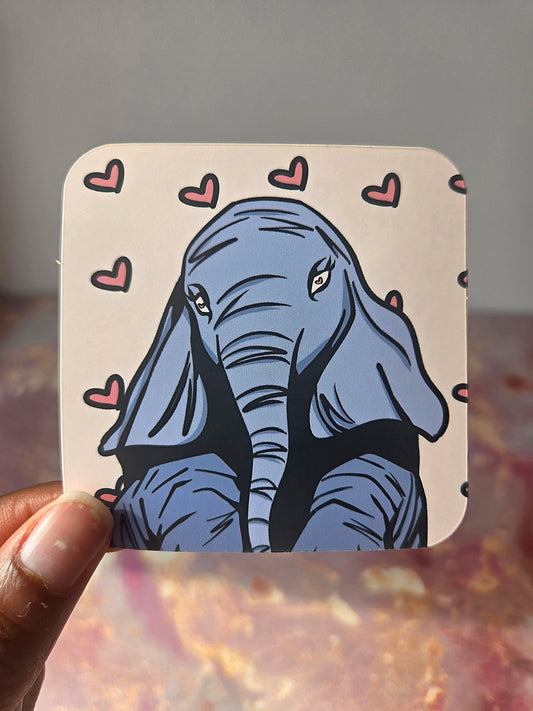 3x3 in. Matte Sticker of Cute, Baby Elephant on Hearts Background by Nightowl Doodles, Fine Art Sticker, Digital Art Sticker