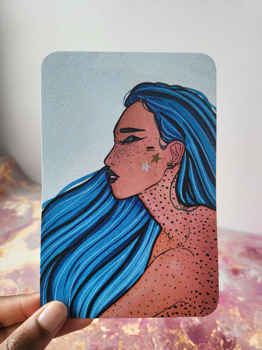 4x6 in. Watercolor Art Print from Original Painting “Blue Hair” by Nightowl Doodles, Fine Art Print, Mixed Media Painting Print