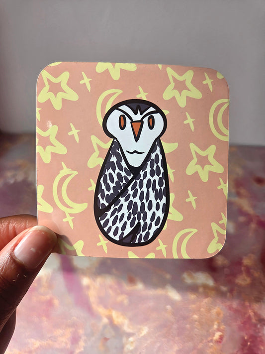 3x3 in. Glossy Sticker of Cute, Grumpy Snow Owl on an Orange Background with Yellow Stars and Moons by Nightowl Doodles, Fine Art Sticker, Digital Art Sticker