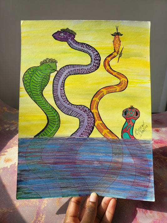 9x12 in. Original Watercolor Painting “Snakes” by Nightowl Doodles, Not a Print, One-of-a-Kind Original Art