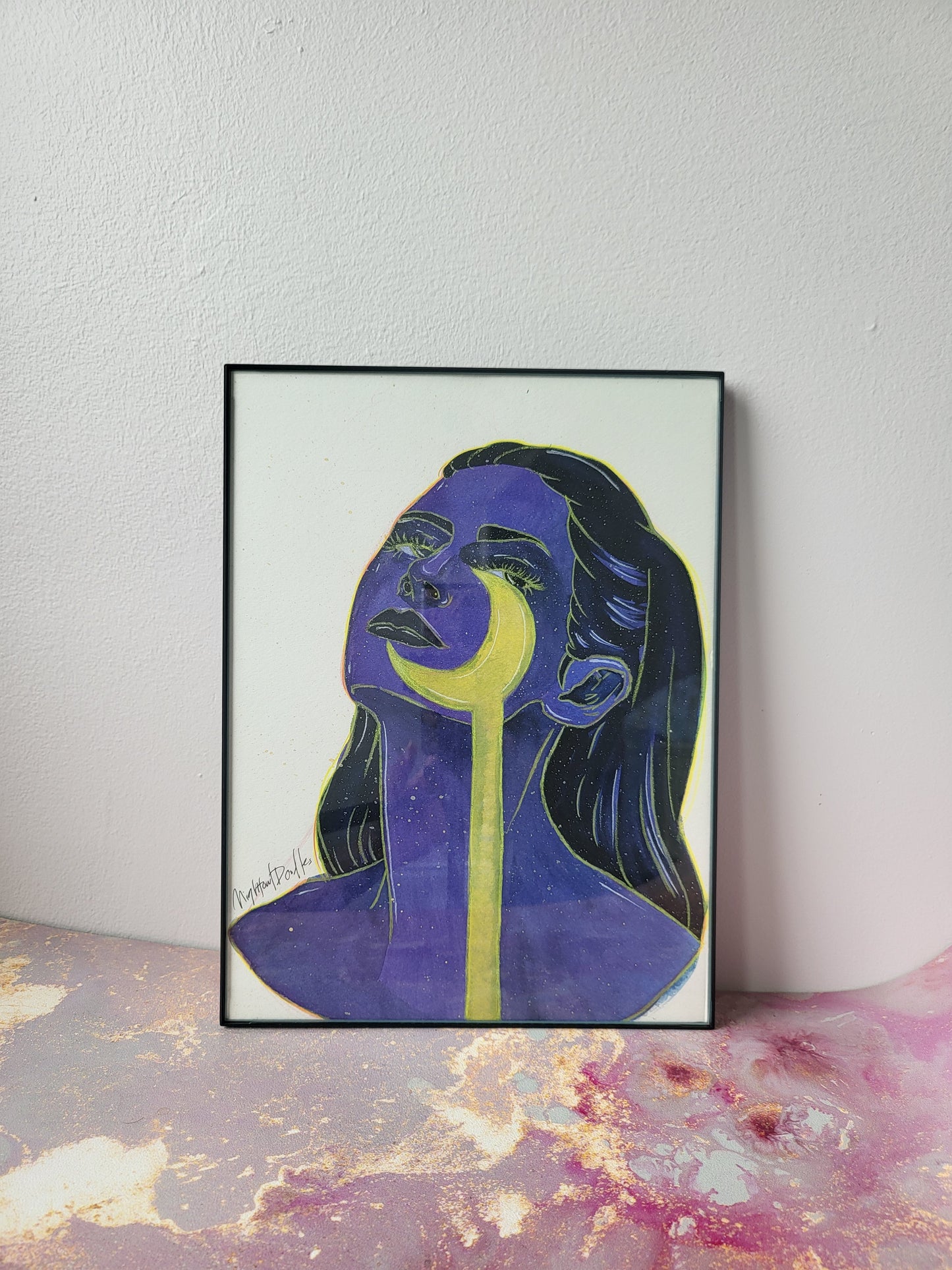 9x12 in. Original Watercolor Painting “Dripping Moon” by Nightowl Doodles, Not a Print, One-of-a-Kind Original Art