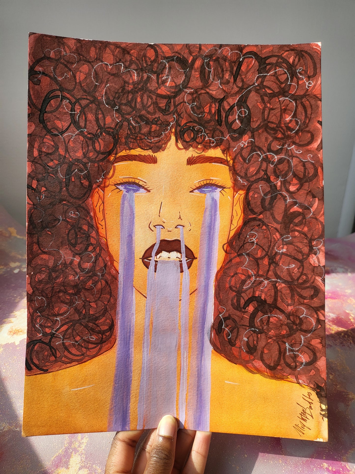 9x12 in. Original Watercolor Painting “Waterfall Tears” by Nightowl Doodles, Not a Print, One-of-a-Kind Original Art