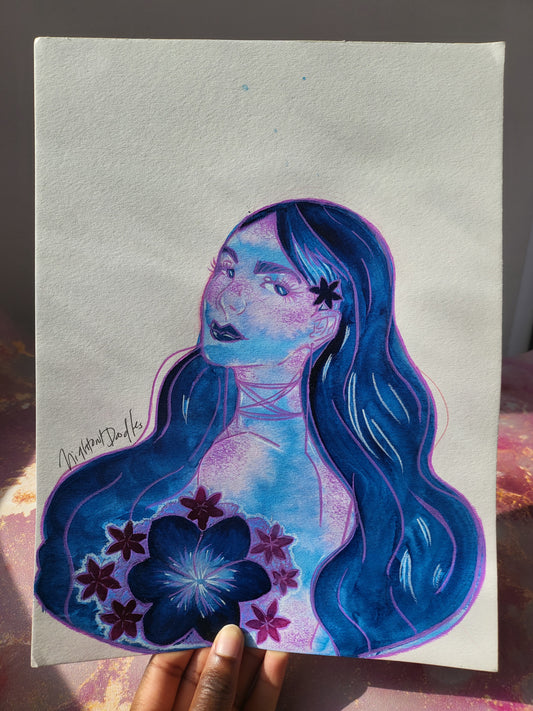 9x12 in. Original Watercolor Painting “Flower Girl” by Nightowl Doodles, Not a Print, One-of-a-Kind Original Art