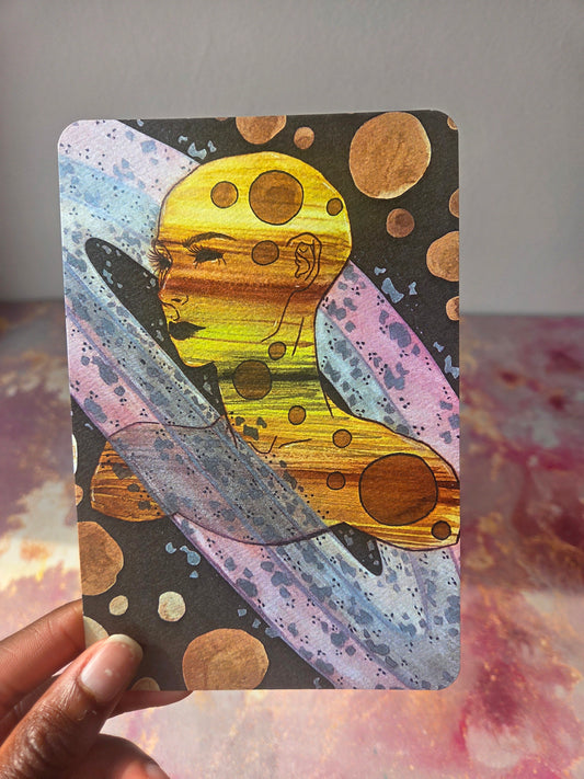 4x6 in. Watercolor Art Print from Original Painting “Saturn” by Nightowl Doodles, Fine Art Print, Mixed Media Painting Print