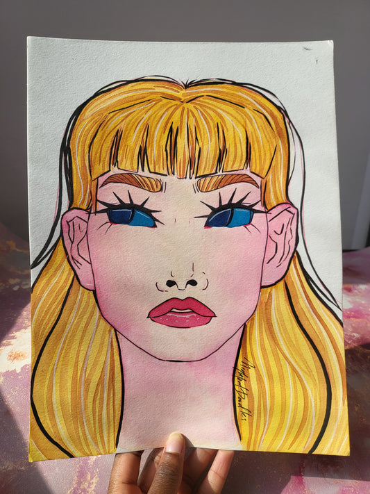 9x12 in. Original Watercolor Painting “Blue Eyes” by Nightowl Doodles, Not a Print, One-of-a-Kind Original Art