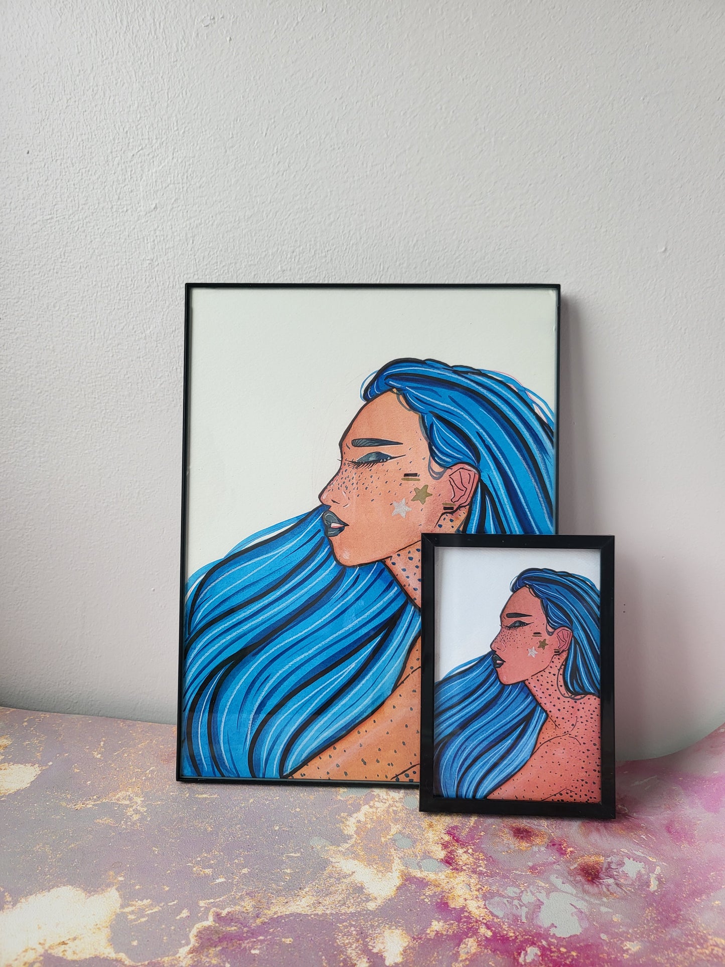 9x12 in. Original Watercolor Painting “Blue Hair” by Nightowl Doodles, Not a Print, One-of-a-Kind Original Art