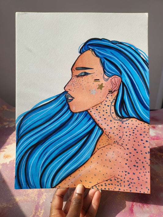 9x12 in. Original Watercolor Painting “Blue Hair” by Nightowl Doodles, Not a Print, One-of-a-Kind Original Art