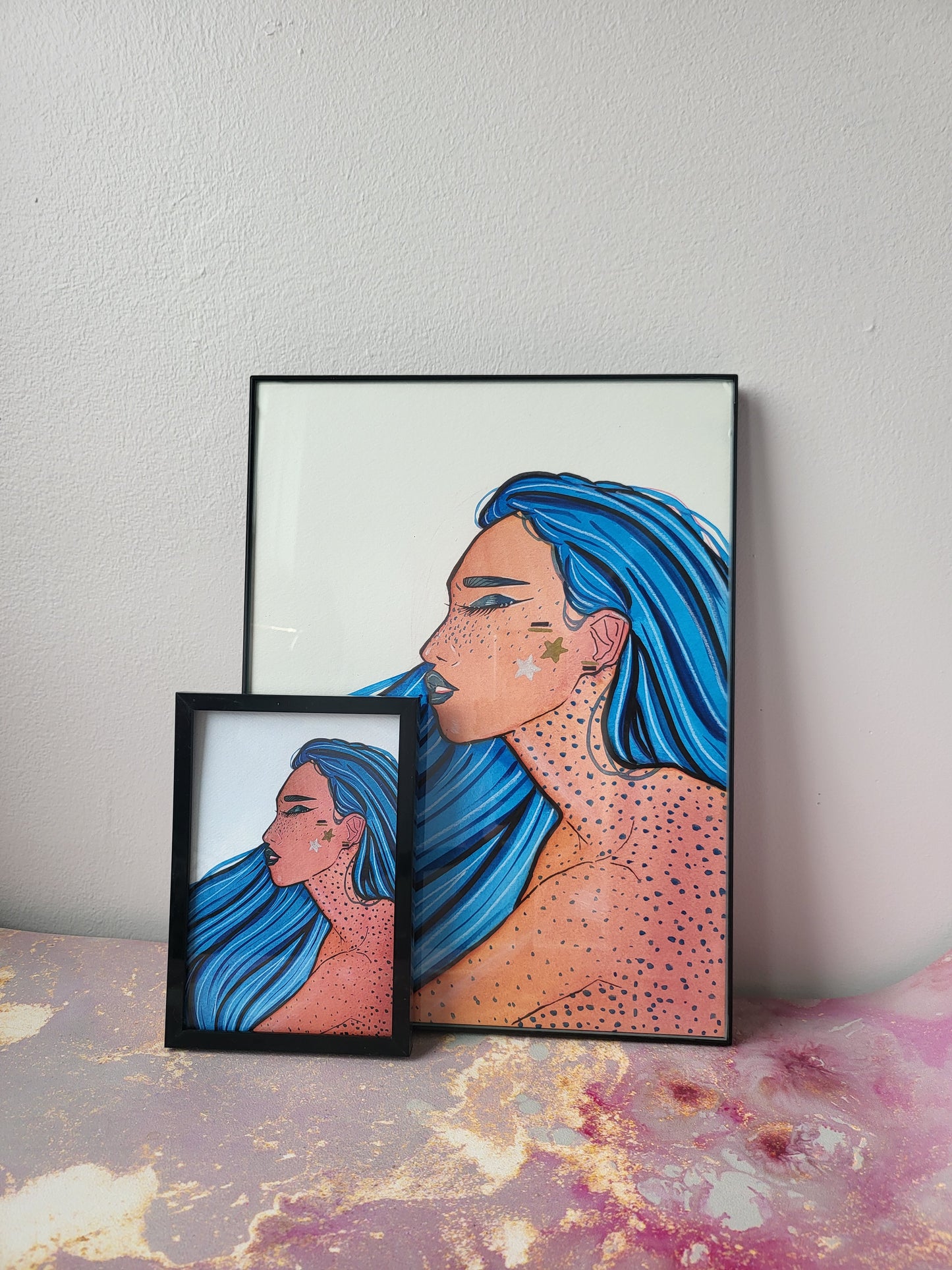 4x6 in. Watercolor Art Print from Original Painting “Blue Hair” by Nightowl Doodles, Fine Art Print, Mixed Media Painting Print