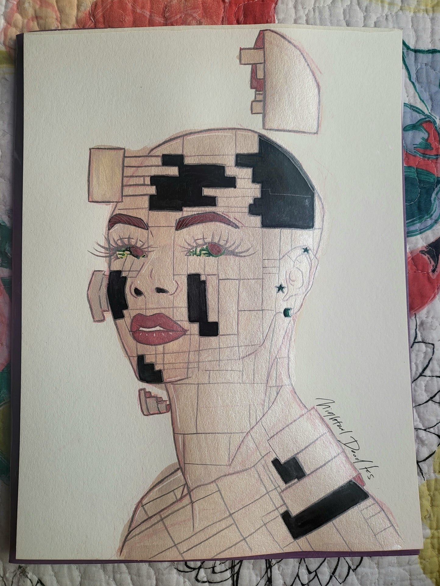 9x12 in. Original Watercolor Painting “Cyborg” by Nightowl Doodles, Not a Print, One-of-a-Kind Original Art