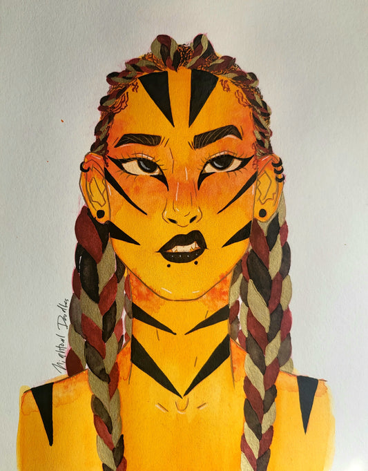 9x12 in. Original Watercolor Painting “Tiger Girl” by Nightowl Doodles, Not a Print, One-of-a-Kind Original Art