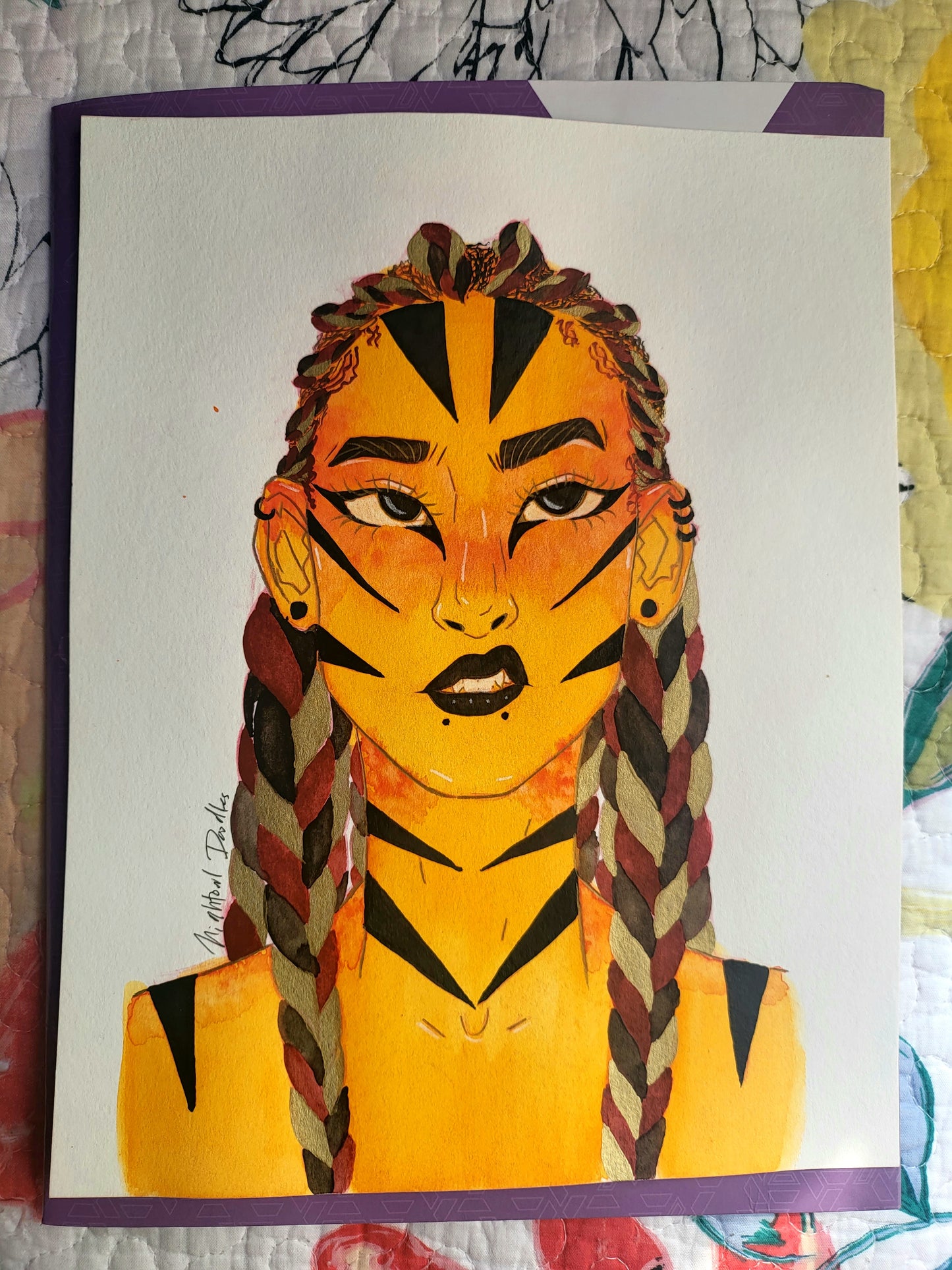 9x12 in. Original Watercolor Painting “Tiger Girl” by Nightowl Doodles, Not a Print, One-of-a-Kind Original Art