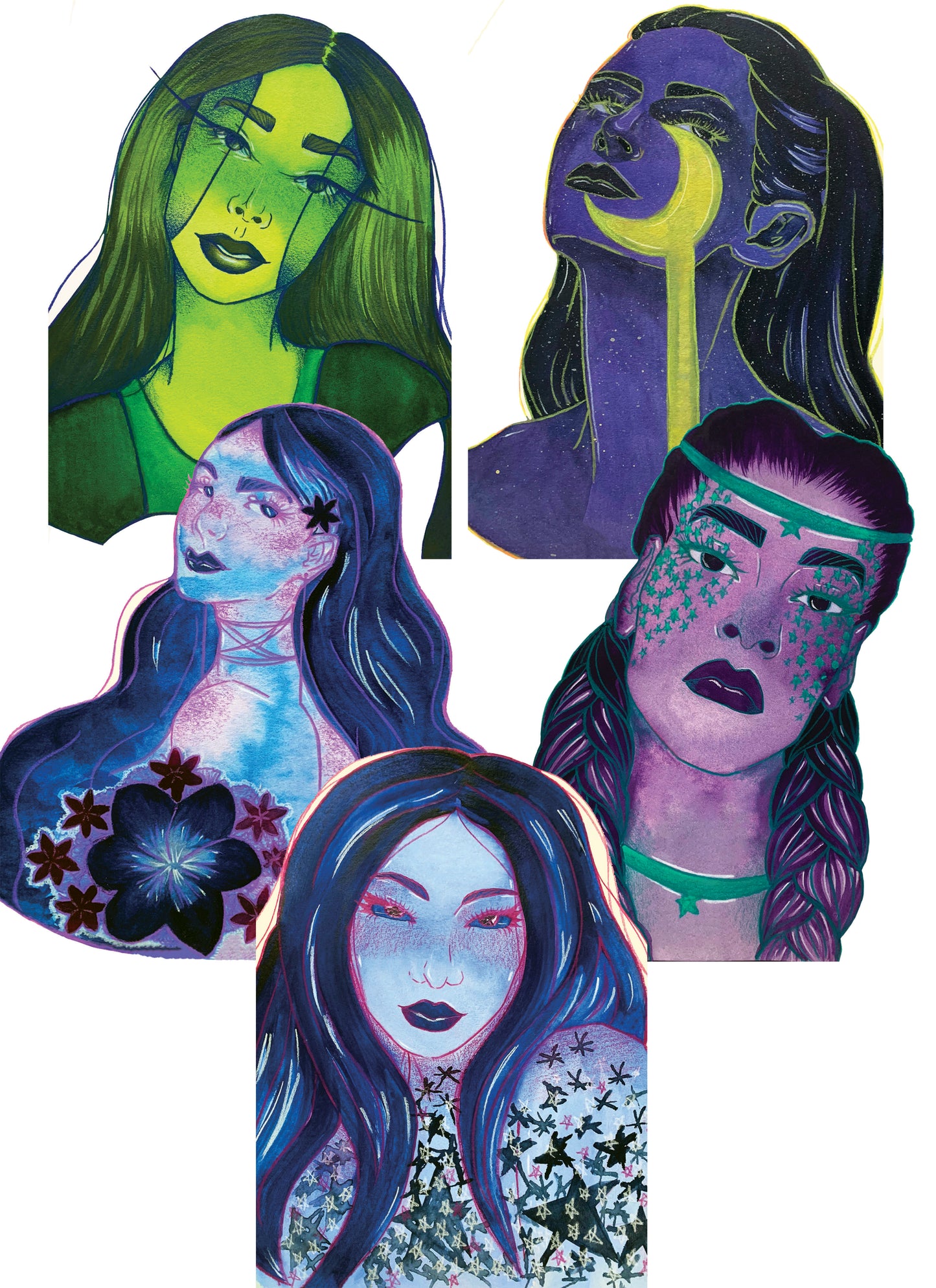 4x6 in. Set of 5 Watercolor Art Prints from Original Painting Set: Cool Girls by Nightowl Doodles