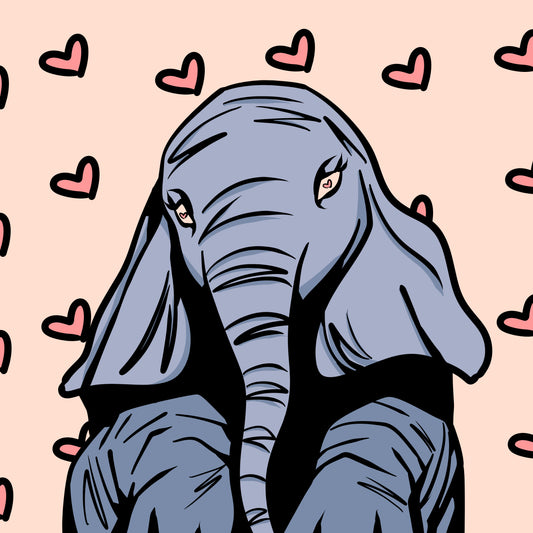 3x3 in. Matte Sticker of Cute, Baby Elephant on Hearts Background by Nightowl Doodles, Fine Art Sticker, Digital Art Sticker