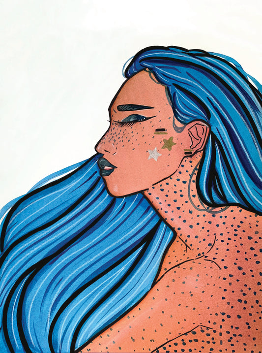 9x12 in. Original Watercolor Painting “Blue Hair” by Nightowl Doodles, Not a Print, One-of-a-Kind Original Art