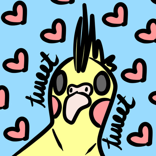 3x3 in. Glossy Sticker of Cute, Cockatiel Bird on a Blue Background with the Words "Tweet Tweet" by Nightowl Doodles, Fine Art Sticker, Digital Art Sticker