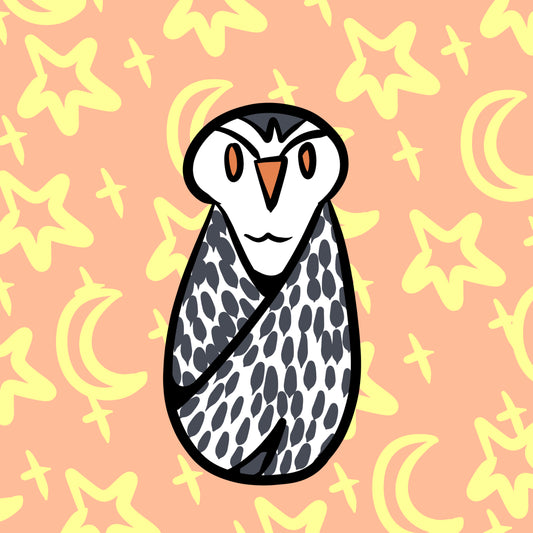3x3 in. Glossy Sticker of Cute, Grumpy Snow Owl on an Orange Background with Yellow Stars and Moons by Nightowl Doodles, Fine Art Sticker, Digital Art Sticker