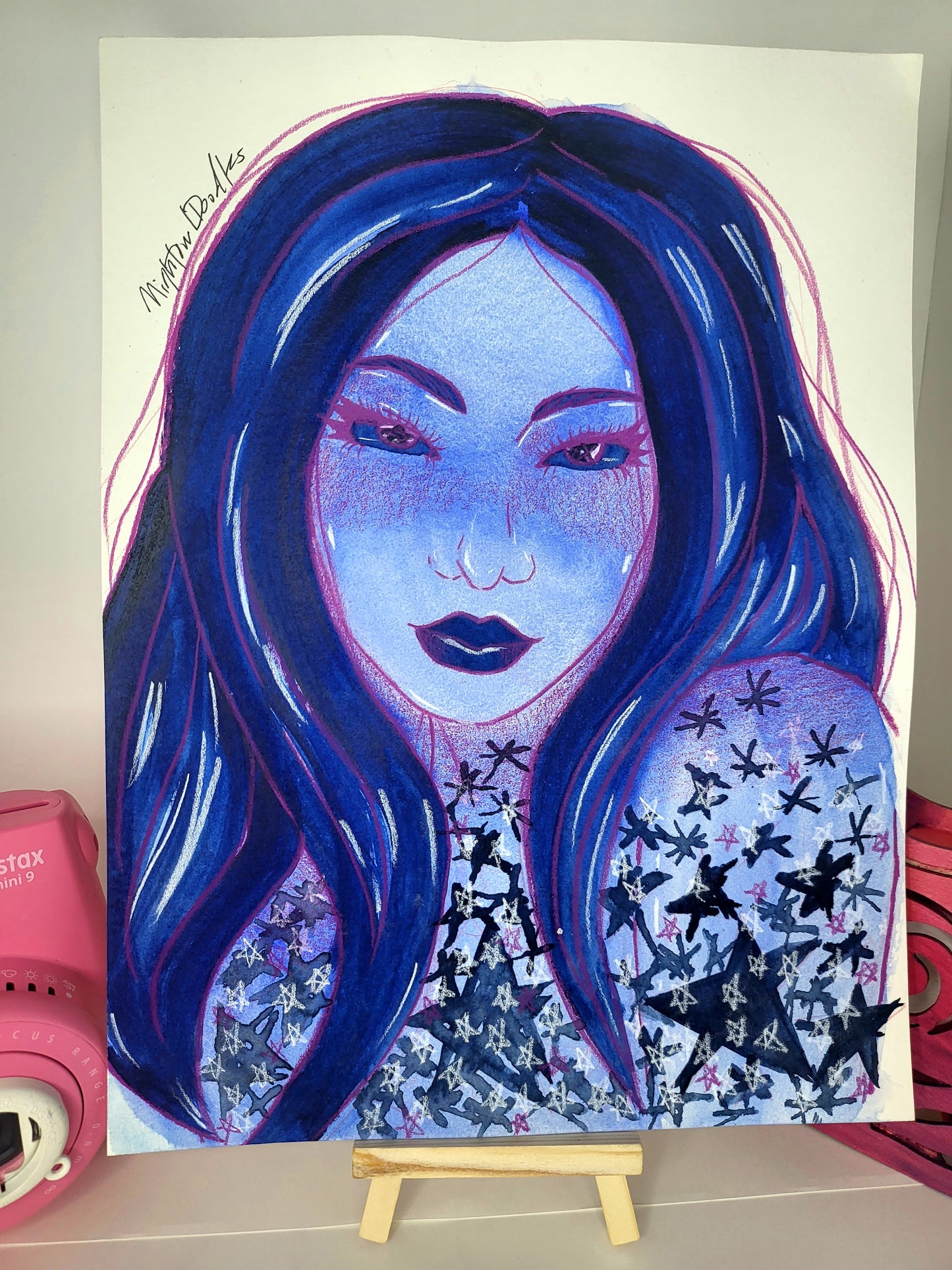 9x12 in. Original Watercolor Painting “Star Girl” by Nightowl Doodles, Not a Print, One-of-a-Kind Original Art