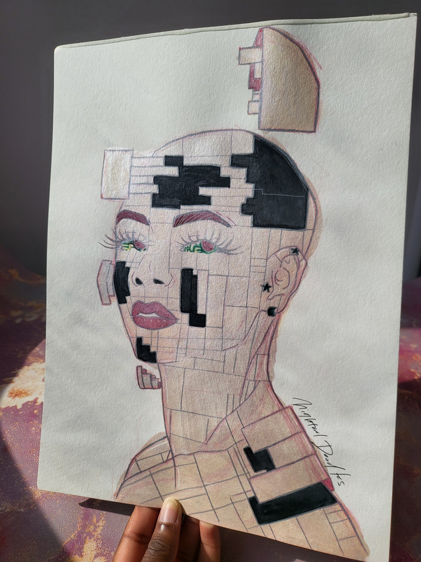 9x12 in. Original Watercolor Painting “Cyborg” by Nightowl Doodles, Not a Print, One-of-a-Kind Original Art