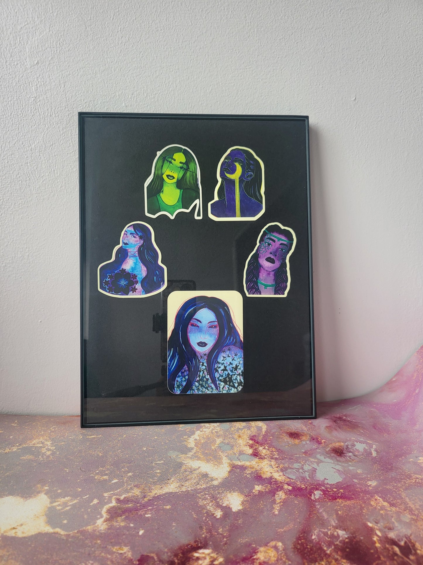 3 in. Set of 5 Matte Stickers of Original Watercolor Painting Set "Cool Girls" by Nightowl Doodles