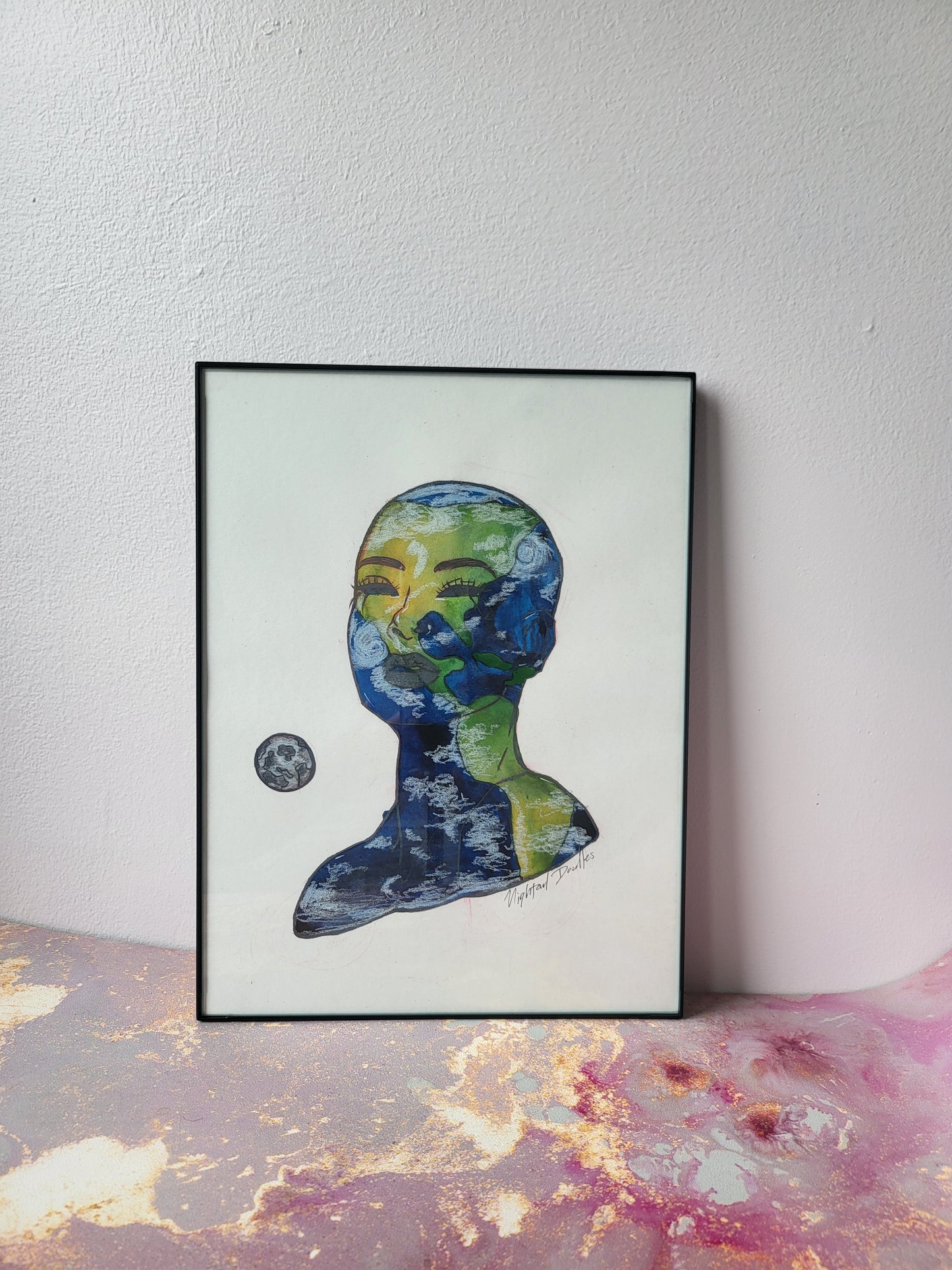 9x12 in. Original Watercolor Painting “Earth” by Nightowl Doodles, Not a Print, One-of-a-Kind Original Art