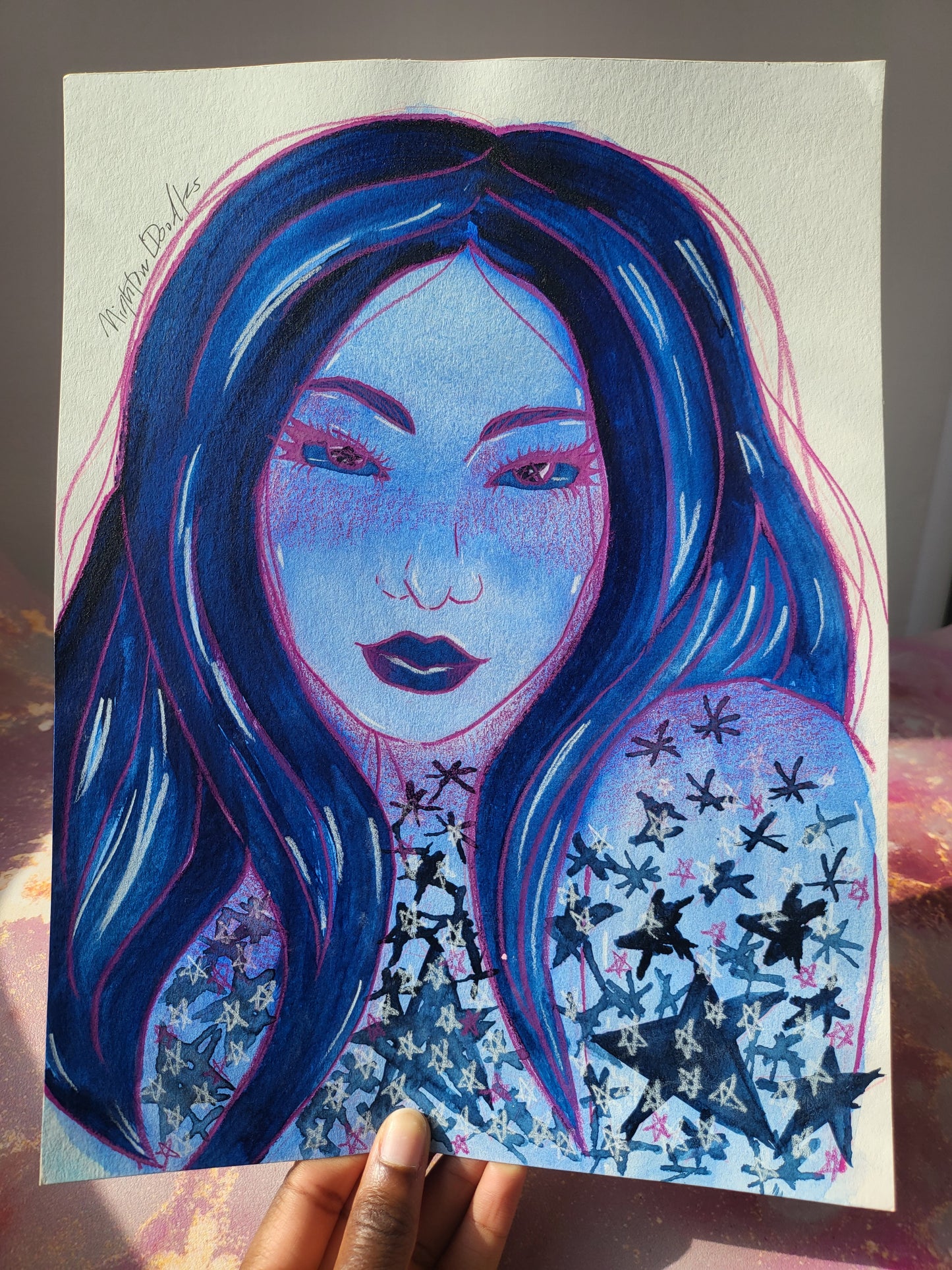 9x12 in. Original Watercolor Painting “Star Girl” by Nightowl Doodles, Not a Print, One-of-a-Kind Original Art