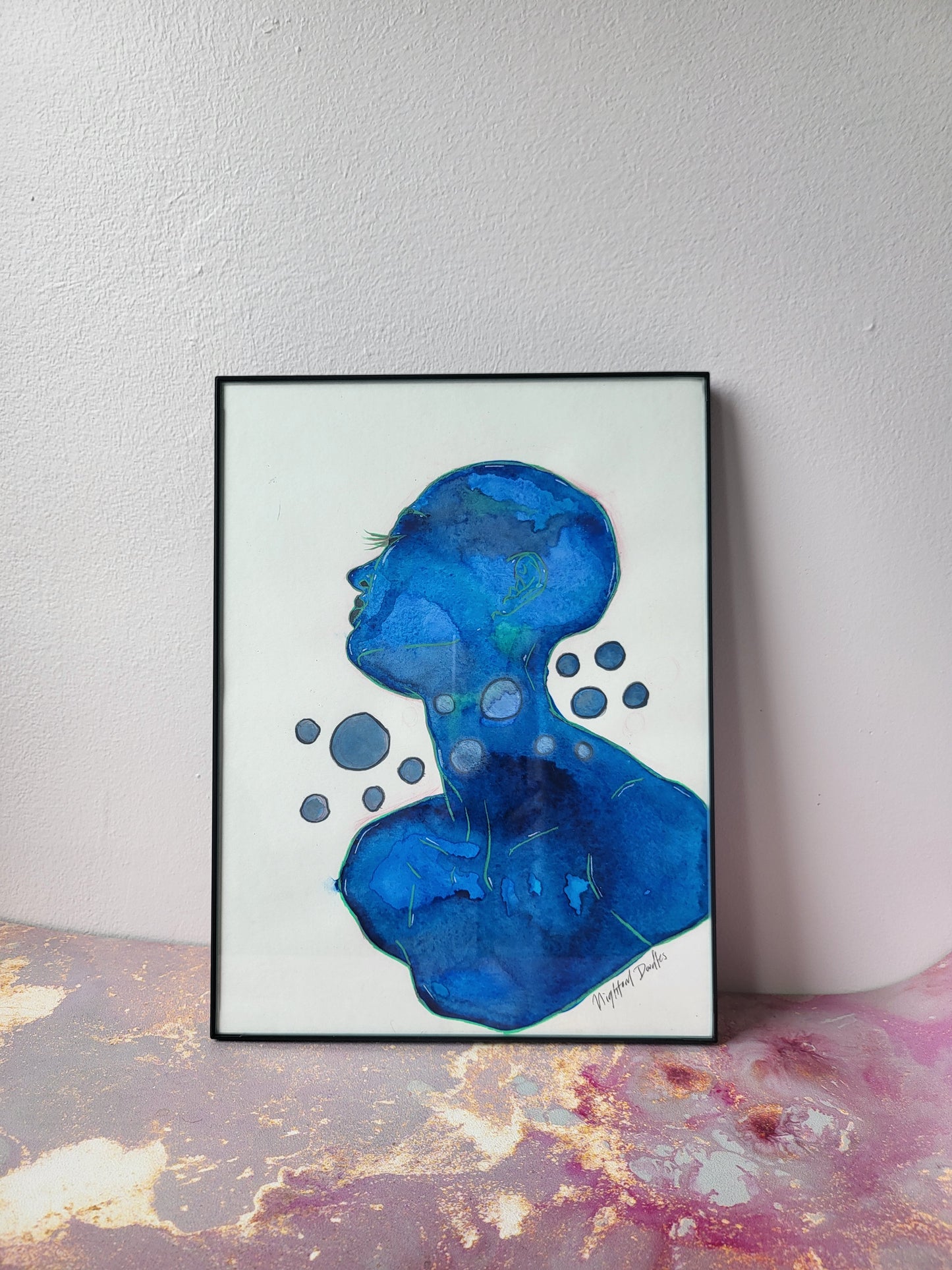 9x12 in. Original Watercolor Painting “Neptune” by Nightowl Doodles, Not a Print, One-of-a-Kind Original Art