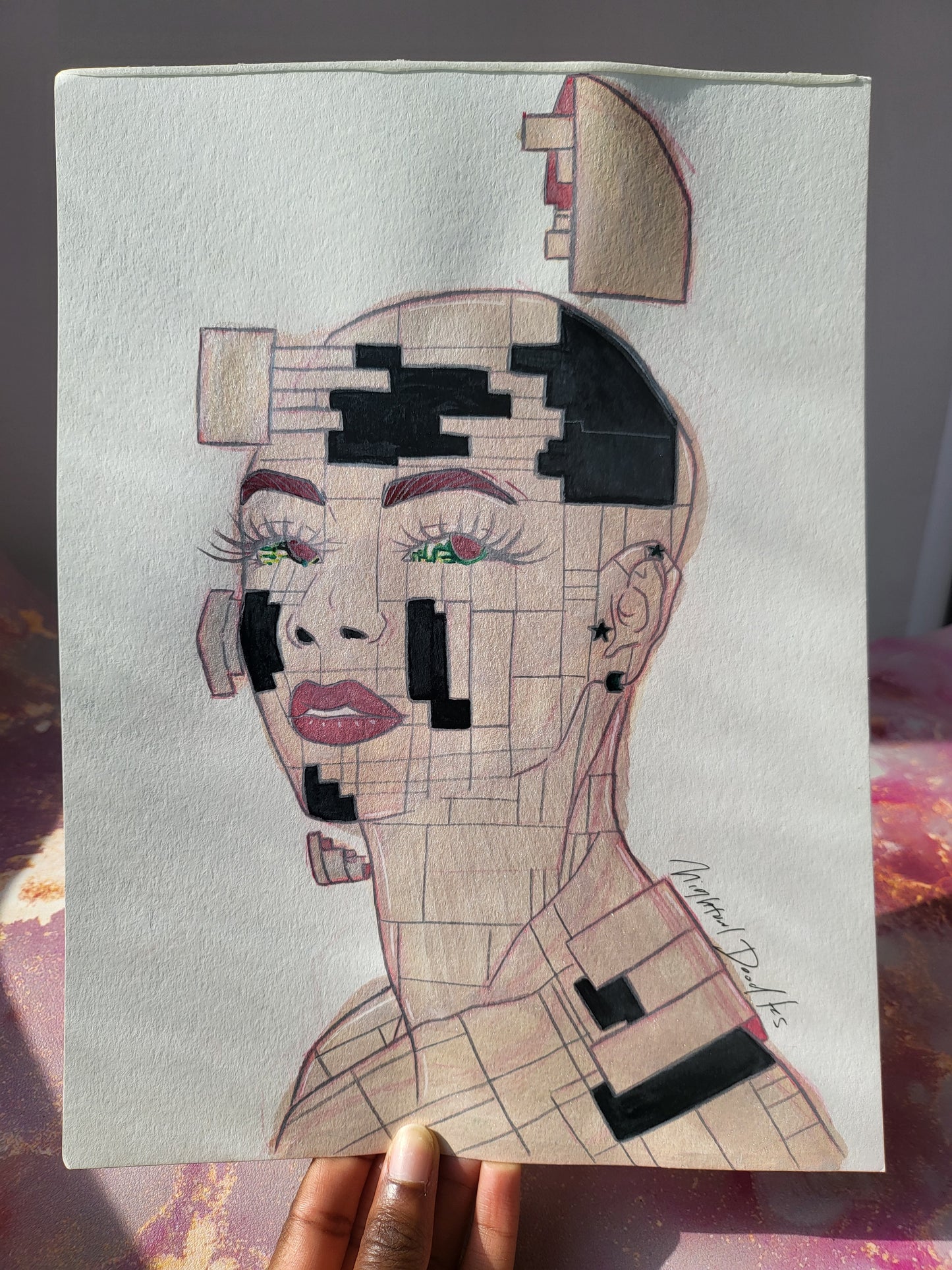 9x12 in. Original Watercolor Painting “Cyborg” by Nightowl Doodles, Not a Print, One-of-a-Kind Original Art