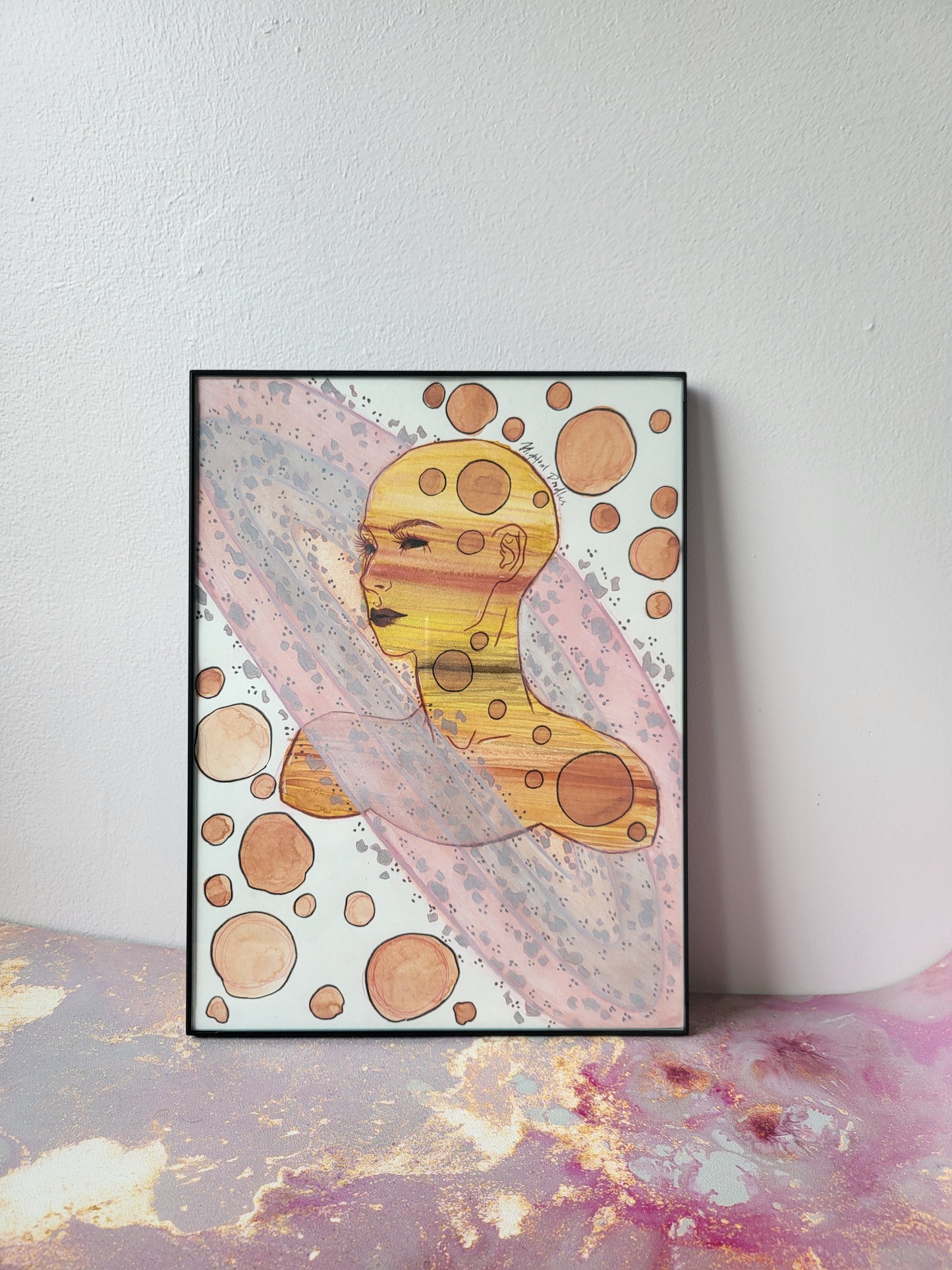 9x12 in. Original Watercolor Painting “Saturn” by Nightowl Doodles, Not a Print, One-of-a-Kind Original Art