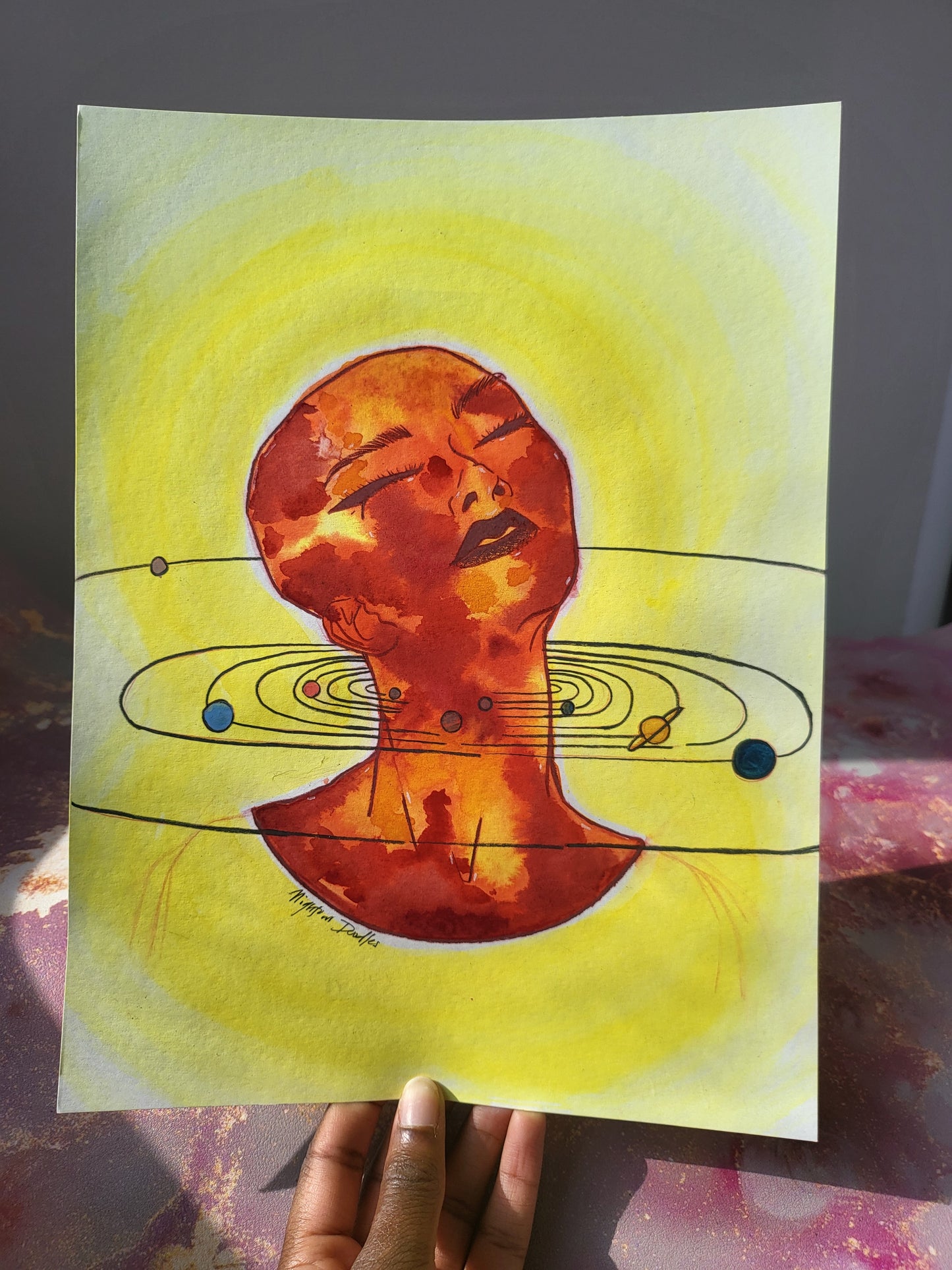 9x12 in. Original Watercolor Painting “The Sun” by Nightowl Doodles, Not a Print, One-of-a-Kind Original Art