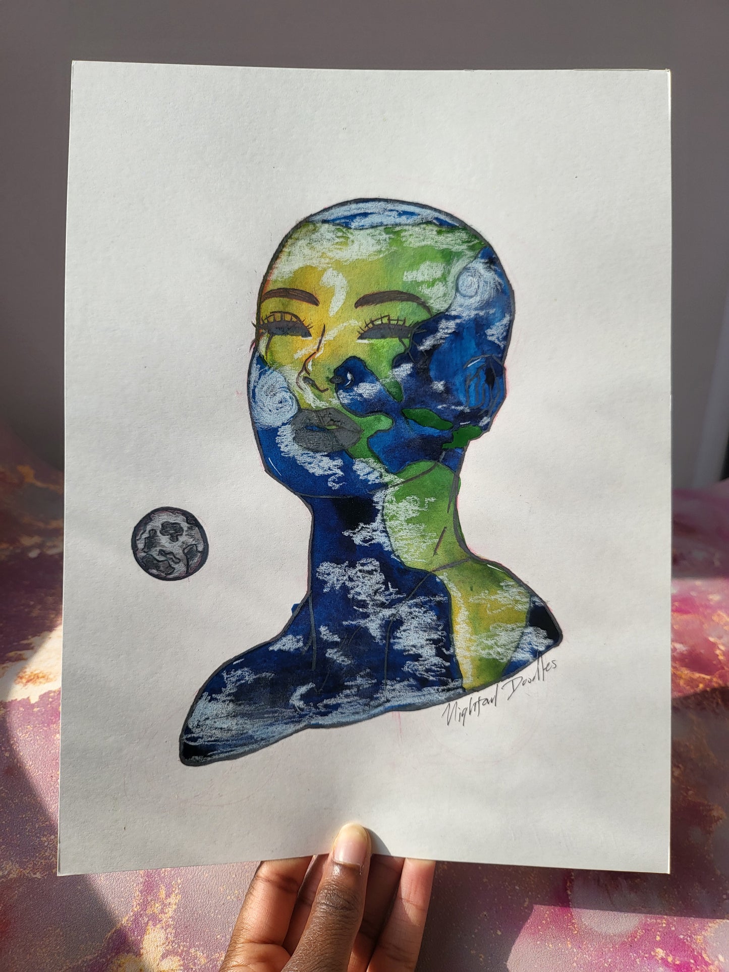 9x12 in. Original Watercolor Painting “Earth” by Nightowl Doodles, Not a Print, One-of-a-Kind Original Art