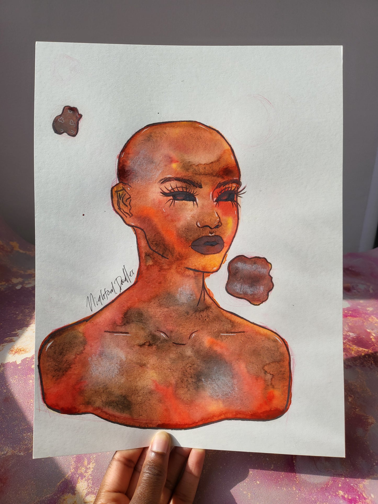 9x12 in. Original Watercolor Painting “Mars” by Nightowl Doodles, Not a Print, One-of-a-Kind Original Art