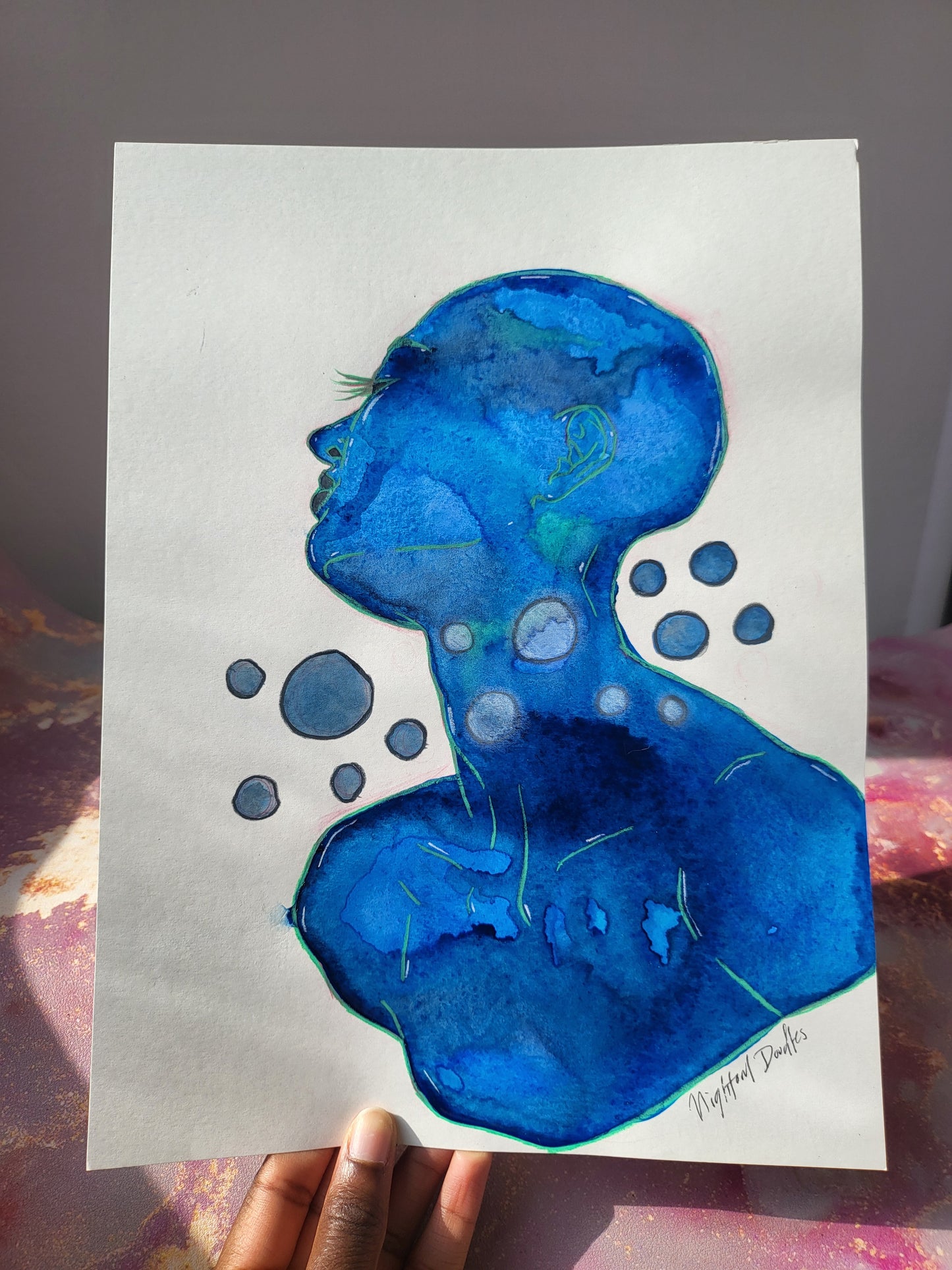 9x12 in. Original Watercolor Painting “Neptune” by Nightowl Doodles, Not a Print, One-of-a-Kind Original Art