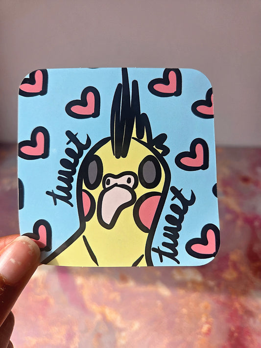 3x3 in. Glossy Sticker of Cute, Cockatiel Bird on a Blue Background with the Words "Tweet Tweet" by Nightowl Doodles, Fine Art Sticker, Digital Art Sticker