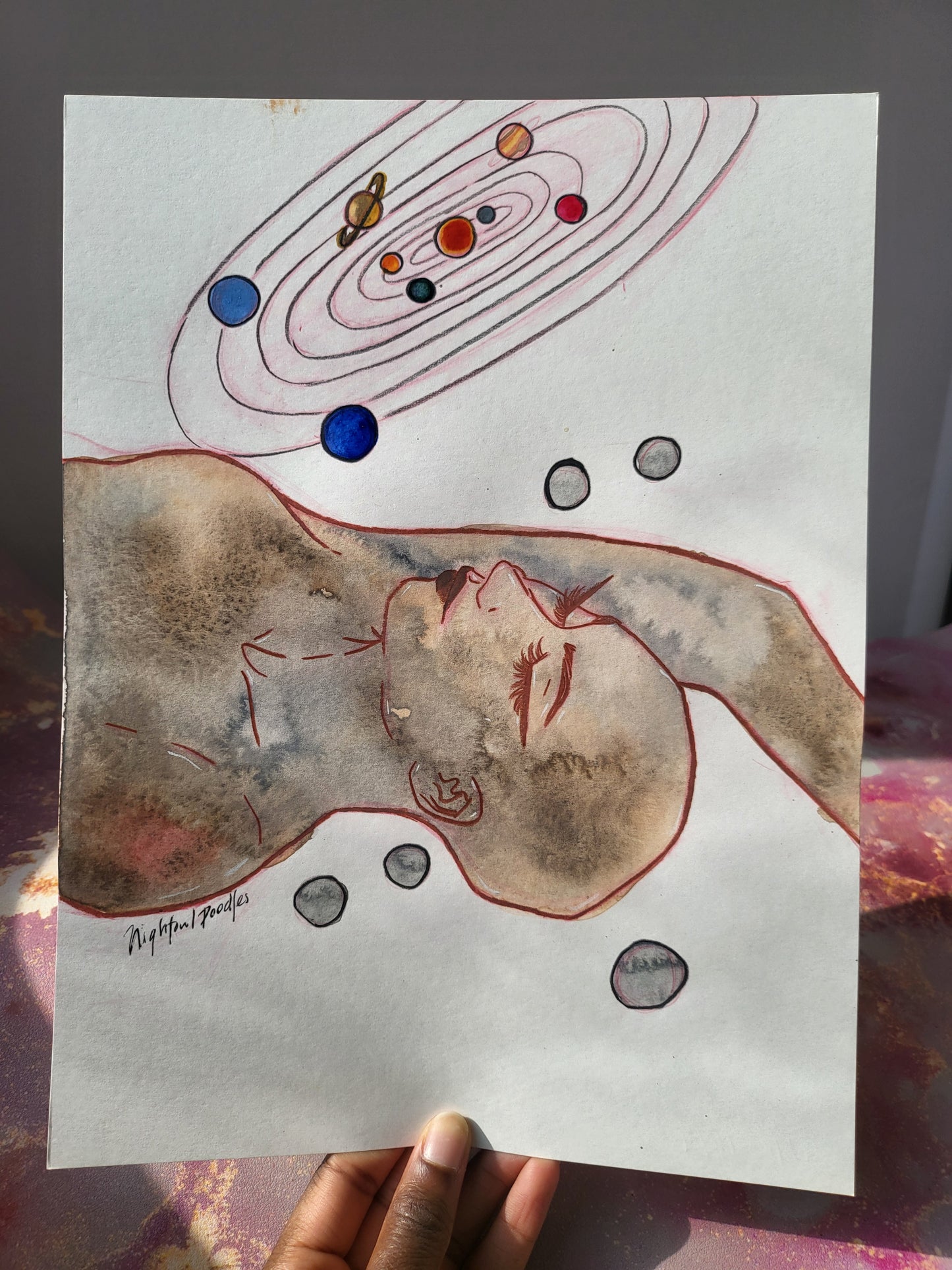 9x12 in. Original Watercolor Painting “Pluto” by Nightowl Doodles, Not a Print, One-of-a-Kind Original Art