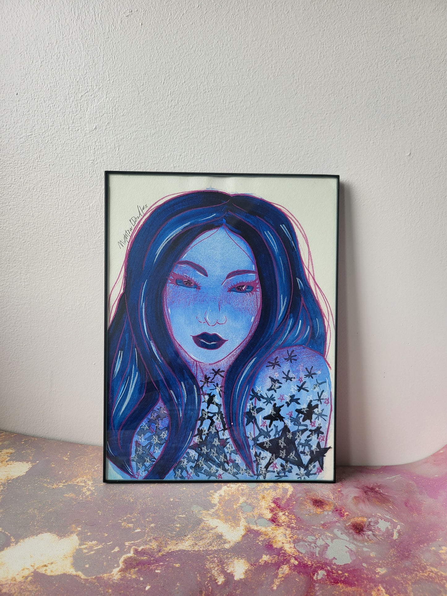 9x12 in. Original Watercolor Painting “Star Girl” by Nightowl Doodles, Not a Print, One-of-a-Kind Original Art